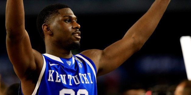 ARLINGTON, TX - APRIL 05: Alex Poythress #22 of the Kentucky Wildcats celebrates after defeating the Wisconsin Badgers 74-73 in the NCAA Men's Final Four Semifinal at AT&T Stadium on April 5, 2014 in Arlington, Texas. (Photo by Jamie Squire/Getty Images)