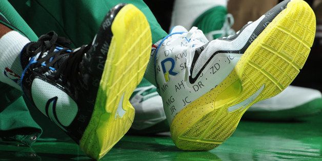 BOSTON, MA - APRIL 16: Sneakers of Rajon Rondo #9 of the Boston Celtics during the game against the Washington Wizards on April 16, 2014 at the TD Garden in Boston, Massachusetts. NOTE TO USER: User expressly acknowledges and agrees that, by downloading and or using this photograph, User is consenting to the terms and conditions of the Getty Images License Agreement. Mandatory Copyright Notice: Copyright 2014 NBAE (Photo by Brian Babineau/NBAE via Getty Images)
