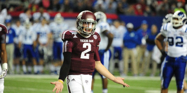 ATLANTA, GA - DECEMBER 31: Johnny Manziel #2 of the Texas A&M Aggies disputes a call during the Chick-Fil-A Bowl against the Duke Blue Devils at the Georgia Dome on December 31, 2013 in Atlanta, Georgia. Texas A&M defeated Duke 52-48. (Photo by Scott Cunningham/Getty Images)