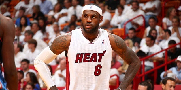 MIAMI, FL - APRIL 23: LeBron James #6 of the Miami Heat looks on during the game against the Charlotte Bobcats in Game Two o