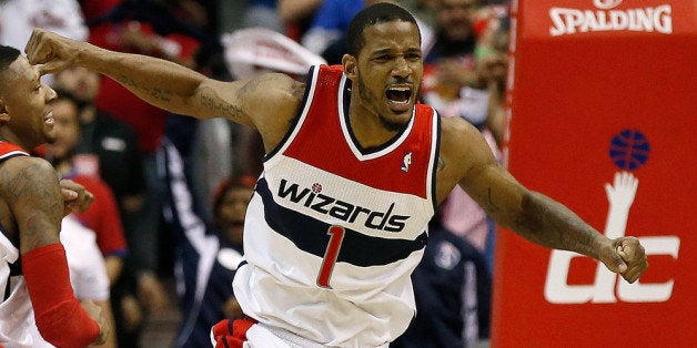 WASHINGTON, DC - APRIL 27: Trevor Ariza #1 of the Washington Wizards celebrates after scoring a key basket late in the fourt