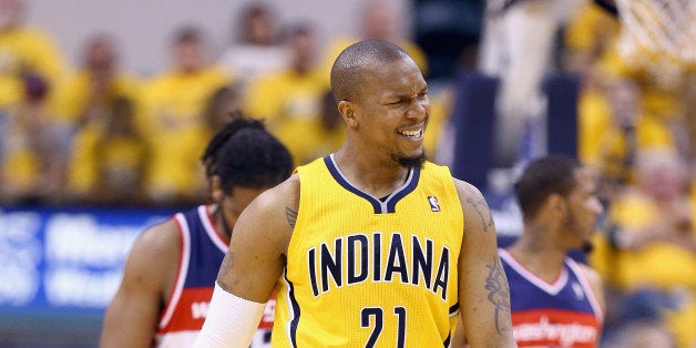 INDIANAPOLIS, IN - MAY 05: David West #21 of the Indiana Pacers reacts after a turnover in the 102-96 loss to the Washington