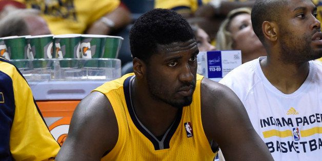 INDIANAPOLIS - MAY 5:Indiana Pacers center Roy Hibbert (55), center, on the Pacers bench during the second half of the first game of the Eastern Conference semifinals between the Washington Wizards and the Indiana Pacers at Bankers Life Field House on Monday, May 5, 2014. The Washington Wizards defeated the Indiana Pacers 102-96. (Photo by Toni L. Sandys/The Washington Post via Getty Images)