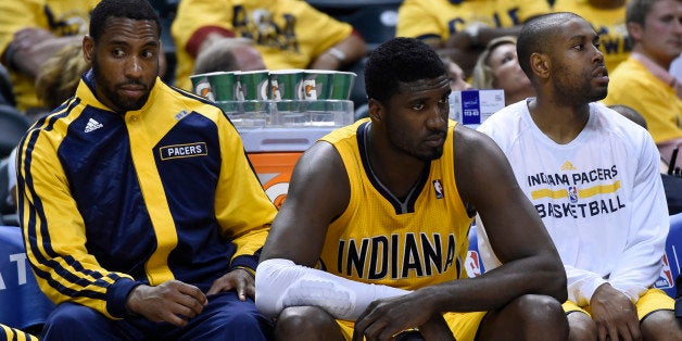 INDIANAPOLIS - MAY 5:
Indiana Pacers center Roy Hibbert (55), center, on the Pacers bench during the second half of the firs