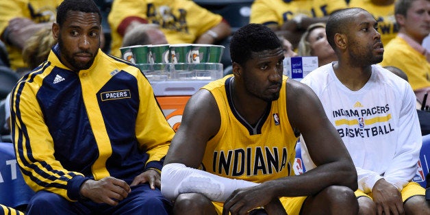 INDIANAPOLIS - MAY 5:Indiana Pacers center Roy Hibbert (55), center, on the Pacers bench during the second half of the first game of the Eastern Conference semifinals between the Washington Wizards and the Indiana Pacers at Bankers Life Field House on Monday, May 5, 2014. The Washington Wizards defeated the Indiana Pacers 102-96. (Photo by Toni L. Sandys/The Washington Post via Getty Images)