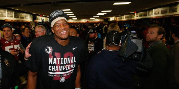 PASADENA, CA - JANUARY 06: Quarterback Jameis Winston #5 of the Florida State Seminoles celebrates in the locker room after defeating the Auburn Tigers 34-31 in the 2014 Vizio BCS National Championship Game at the Rose Bowl on January 6, 2014 in Pasadena, California. (Photo by Kevin C. Cox/Getty Images)