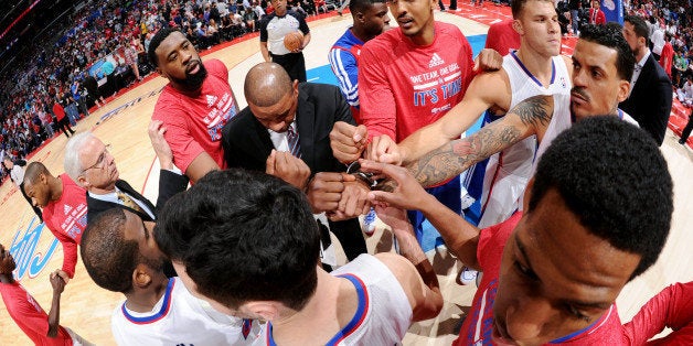 LOS ANGELES, CA - MAY 11: The Los Angeles Clippers huddle up before a game against the Oklahoma City Thunder in Game Four of