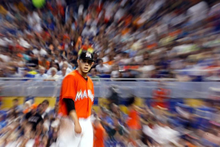 MIAMI, FL - MAY 04: Jose Fernandez #16 of the Miami Marlins walks off the field during the seventh inning of the game against the Los Angeles Dodgers at Marlins Park on May 04, 2014 in Miami, Florida. (Photo by Rob Foldy/Getty Images)