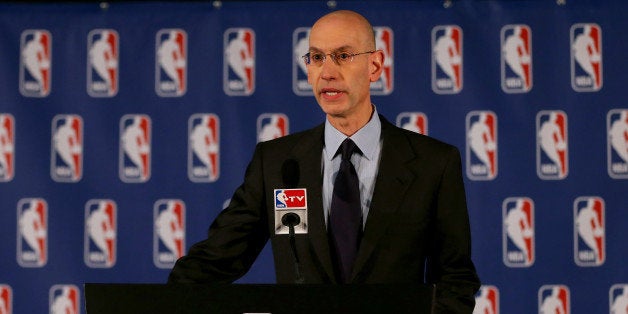 NEW YORK, NY - APRIL 29: NBA Commissioner Adam Silver holds a press conference to discuss Los Angeles Clippers owner Donald Sterling at the Hilton Hotel on April 29, 2014 in New York City. Silver announced that Sterling will be banned from the NBA for life and will be fined $2.5 million for racist comments released in audio recordings. (Photo by Elsa/Getty Images) 