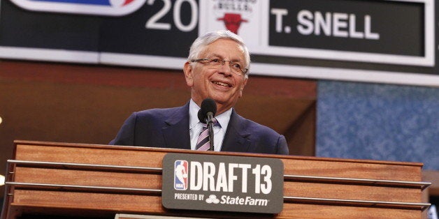 NEW YORK, NY - JUNE 27: NBA Commissioner David Stern announces drafts picks during the 2013 NBA Draft at the Barclays Center on June 27, 2013 in the Brooklyn borough of New York City. NOTE TO USER: User expressly acknowledges and agrees that, by downloading and/or using this photograph, user is consenting to the terms and conditions of the Getty Images License Agreement. Mandatory Copyright Notice: Copyright 2013 NBAE (Photo by Jeff Zelevansky/NBAE via Getty Images)