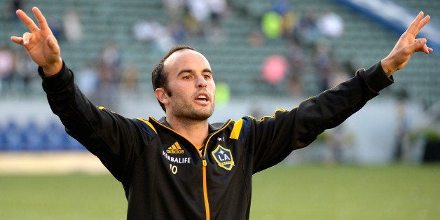 LOS ANGELES, CA - MAY 25: Landon Donovan #10 of Los Angeles Galaxy reacts to his supporters after a 4-1 win over the Philade