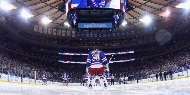 NEW YORK, NY - JUNE 11: Henrik Lundqvist #30 and the New York Rangers prepare to play against the Los Angeles Kings in Game Four of the 2014 NHL Stanley Cup Final at Madison Square Garden on June 11, 2014 in New York, New York. The Rangers defeated the Kings 2-1. (Photo by Bruce Bennett/Getty Images) 
