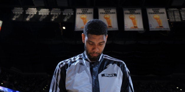 SAN ANTONIO, TX - MAY 21: Tim Duncan #21 of the San Antonio Spurs before the game against the Oklahoma City Thunder in Game Two of the Western Conference Finals during the 2014 NBA Playoffs on May 21, 2014 at the AT&T Center in San Antonio, Texas. NOTE TO USER: User expressly acknowledges and agrees that, by downloading and or using this photograph, User is consenting to the terms and conditions of the Getty Images License Agreement. Mandatory Copyright Notice: Copyright 2014 NBAE (Photo by Andrew D. Bernstein/NBAE via Getty Images)