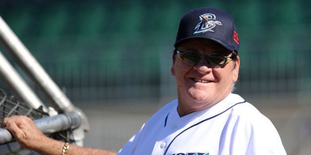 BRIDGEPORT, CT - JUNE 16: Former Major League Baseball player Pete Rose looks on during batting practice prior to managing the game for the Bridgeport Bluefish against the Lancaster Barnstormers at The Ballpark at Harbor Yard on June 16, 2014 in Bridgeport, Connecticut. (Photo by Christopher Pasatieri/Getty Images)