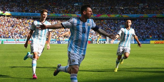 BELO HORIZONTE, BRAZIL - JUNE 21: Lionel Messi of Argentina celebrates scoring his team's first goal during the 2014 FIFA World Cup Brazil Group F match between Argentina and Iran at Estadio Mineirao on June 21, 2014 in Belo Horizonte, Brazil. (Photo by Ronald Martinez/Getty Images)