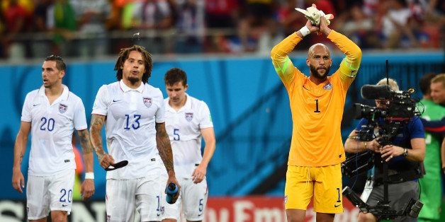 MANAUS, BRAZIL - JUNE 22: Goalkeeper Tim Howard of the United States acknowledges the fans after a 2-2 draw in the 2014 FIFA World Cup Brazil Group G match between the United States and Portugal at Arena Amazonia on June 22, 2014 in Manaus, Brazil. (Photo by Christopher Lee/Getty Images)