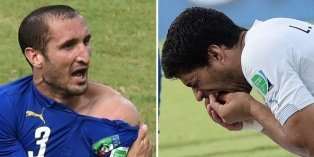 This combo of 2 photos shows Italy's defender Giorgio Chiellini (L) showing an apparent bitemark and Uruguay forward Luis Suarez (R) holding his teeth after the incident during the Group D football match between Italy and Uruguay at the Dunas Arena in Natal during the 2014 FIFA World Cup on June 24, 2014. Uruguay won the match 1-0. Uruguay star Luis Suarez faces expulsion from the World Cup for biting another player as FIFA confirmed it had opened disciplinary proceedings against him on on June 25, 2014. Suarez, banned twice before for biting opponents, appeared to sink his teeth into defender Giorgio Chiellini during Uruguay's 1-0 win over Italy. AFP PHOTO/ YASUYOSHI CHIBA / DANIEL GARCIA (Photo credit should read DANIEL GARCIA/AFP/Getty Images)