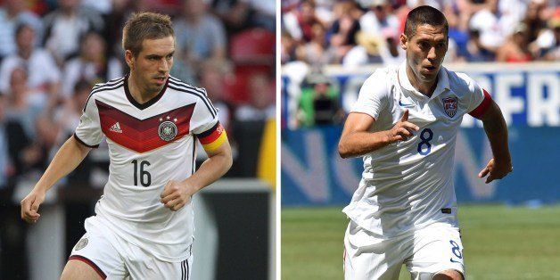 This combination picture made on June 24, 2014 of two file pictures shows Germany's defender Philipp Lahm (L) playing the ball during the friendly football match Germany vs Armenia in preparation for the FIFA World Cup 2014 on June 6, 2014 in Mainz, central Germany and US Clint Dempsey (R) controlling the ball during the friendly match between Turkey and the United States June 1, 2014 at Red Bull Arena in Harrison, New Jersey. Germany will play against US in a Group G football match at the Pernambuco Arena in Recife during the 2014 FIFA World Cup on June 26, 2014. AFP PHOTO / DANIEL ROLAND - DON EMMERT (Photo credit should read DANIEL ROLAND/AFP/Getty Images)