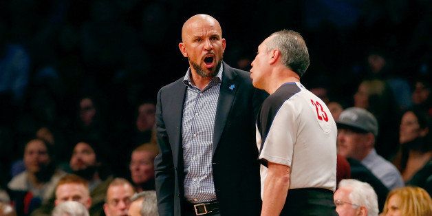NEW YORK, NY - APRIL 11: Jason Kidd of the Brooklyn Nets argues with referee Jason Phillips #23 during the game against the Atlanta Hawks at Barclays Center on April 11, 2014 in New York City. NOTE TO USER: User expressly acknowledges and agrees that, by downloading and or using this photograph, User is consenting to the terms and conditions of the Getty Images License Agreement. Hawks defeated the Nets 93-88. (Photo by Mike Stobe/Getty Images)