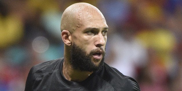 US goalkeeper Tim Howard during a Round of 16 football match between Belgium and USA at Fonte Nova Arena in Salvador during the 2014 FIFA World Cup on July 1, 2014. AFP PHOTO / MARTIN BUREAU (Photo credit should read MARTIN BUREAU/AFP/Getty Images)