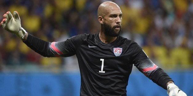 US goalkeeper Tim Howard reacts after the Round of 16 football match between Belgium and USA at Fonte Nova Arena in Salvador during the 2014 FIFA World Cup on July 1, 2014. AFP PHOTO / MARTIN BUREAU (Photo credit should read MARTIN BUREAU/AFP/Getty Images)