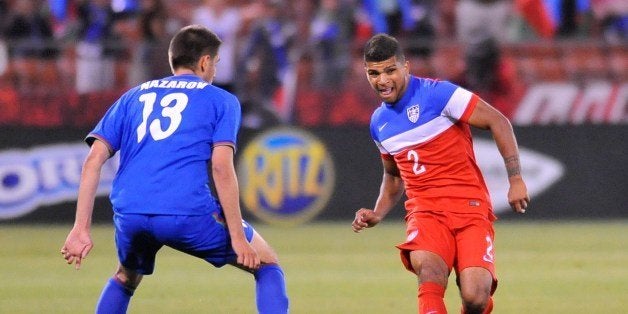 US men's national team player DeAndre Yedlin (R) controls the ball during a World Cup preparation match against Azerbaijan at Candlestick Park in San Francisco on May 27, 2014. AFP PHOTO/JOSH EDELSON (Photo credit should read Josh Edelson/AFP/Getty Images)