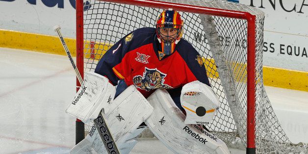 SUNRISE, FL - APRIL 10: Goaltender Roberto Luongo #1 of the Florida Panthers warms up prior to the game against the Toronto Maple Leafs at the BB&T Center on April 10, 2014 in Sunrise, Florida. (Photo by Joel Auerbach/Getty Images)
