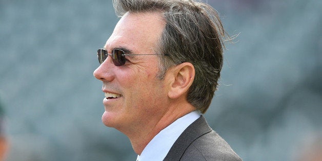 DETROIT, MI - OCTOBER 06: General manager Billy Beane of the Oakland Athletics watches batting practice prior to Game One of