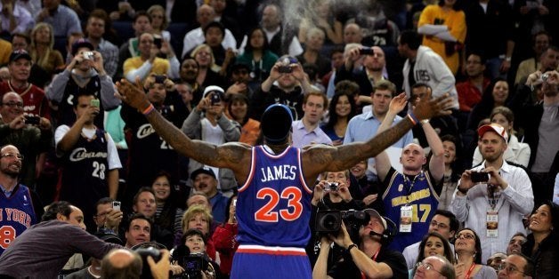 OAKLAND, CA - JANUARY 11: LeBron James #23 of the Cleveland Cavaliers throws chalk up in the air before their game against the Golden State Warriors at Oracle Arena on January 11, 2010 in Oakland, California. NOTE TO USER: User expressly acknowledges and agrees that, by downloading and/or using this Photograph, user is consenting to the terms and conditions of the Getty Images License Agreement. (Photo by Ezra Shaw/Getty Images)