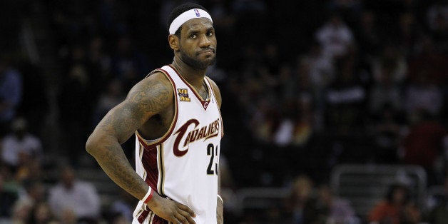 CLEVELAND - MAY 11: LeBron James #23 of the Cleveland Cavaliers looks on while playing the Boston Celtics in Game Five of the Eastern Conference Semifinals during the 2010 NBA Playoffs at Quicken Loans Arena on May 11, 2010 in Cleveland, Ohio. Boston won the game 120-88 to take a 3-2 series lead. NOTE TO USER: User expressly acknowledges and agrees that, by downloading and or using this photograph, User is consenting to the terms and conditions of the Getty Images License Agreement. (Photo by Gregory Shamus/Getty Images)