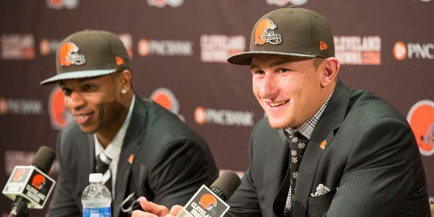 BEREA, OH - MAY 9: Cleveland Browns draft picks Justin Gilbert (L) and Johnny Manziel (R) answer questions during a press conference at the Browns training facility on May 9, 2014 in Cleveland, Ohio. Gilbert and Manziel were selected 8th and 22nd, respectively, in the first round. (Photo by Jason Miller/Getty Images)