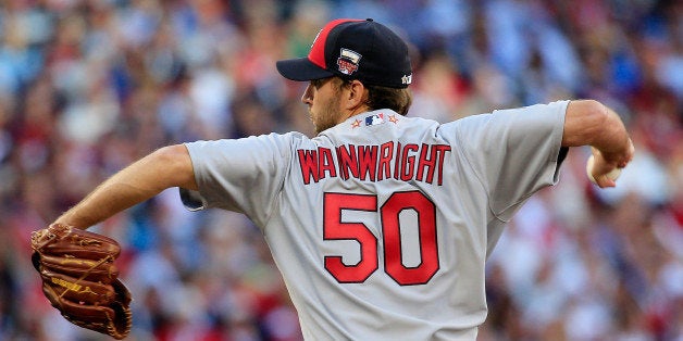 MINNEAPOLIS, MN - JULY 15: National League All-Star Adam Wainwright #50 of the St. Louis Cardinals pitches against the Ameri