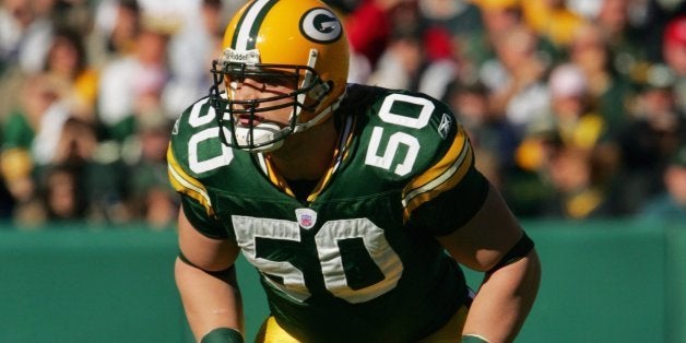 GREEN BAY, WI - OCTOBER 29: Linebacker A.J. Hawk #50 of the Green Bay Packers gets ready for a play against the Arizona Cardinals during a game at Lambeau Field on October 29, 2006 in Green Bay Wisconsin. The Packers won 31-14. (Photo by Stephen Dunn/Getty Images)