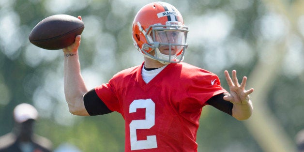 BEREA, OH - JULY 26: Rookie quarterback Johnny Manziel #2 of the Cleveland Browns during training camp at the Cleveland Brown