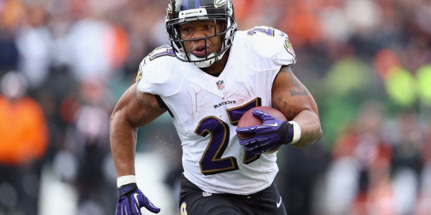 CINCINNATI, OH - DECEMBER 29: Ray Rice #27 of the Baltimore Ravens runs with the ball during the NFL game against the Cincinnati Bengals at Paul Brown Stadium on December 29, 2013 in Cincinnati, Ohio. (Photo by Andy Lyons/Getty Images)