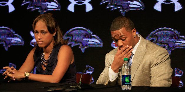 OWINGS MILLS, MD - MAY 23: Running back Ray Rice of the Baltimore Ravens pauses while addressing a news conference with his wife Janay at the Ravens training center on May 23, 2014 in Owings Mills, Maryland. Rice spoke publicly for the first time since facing felony assault charges stemming from a February incident involving Janay at an Atlantic City casino. (Photo by Rob Carr/Getty Images)
