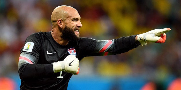SALVADOR, BRAZIL - JULY 01: Tim Howard of the United States gestures during the 2014 FIFA World Cup Brazil Round of 16 match