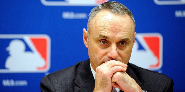 NEW YORK, NY - NOVEMBER 22: Major League Baseball Executive Vice President Rob Manfred speaks at a news conference at MLB he