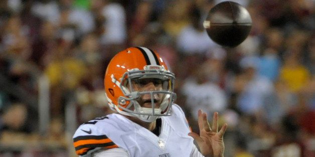 LANDOVER, MD - AUGUST 18: Cleveland Browns quarterback Johnny Manziel (2) passes during the second quarter as the Washington Redskins play the Cleveland Browns at FedEx Field August 18, 2014 in Landover, MD. (Photo by Katherine Frey/The Washington Post via Getty Images)