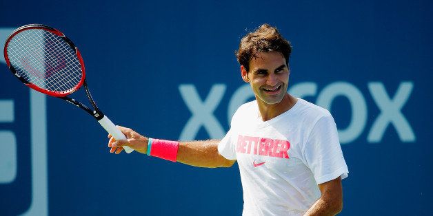 NEW YORK, NY - AUGUST 21: Roger Federer of Switzerland smiles during practice prior to the start of the 2014 U.S. Open at the USTA Billie Jean King National Tennis Center on August 21, 2014 in the Flushing neighborhood of the Queens in New York City. (Photo by Chris Trotman/Getty Images for USTA)