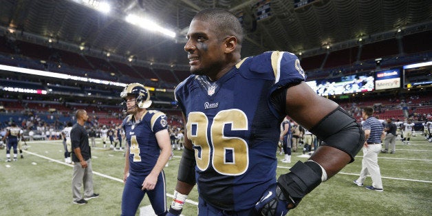 ST. LOUIS, MO - AUGUST 08: Michael Sam #96 of the St. Louis Rams leaves the field following a preseason NFL game against the New Orleans Saints at Edward Jones Dome on August 8, 2014 in St. Louis, Missouri. (Photo by Joe Robbins/Getty Images)