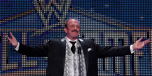 IMAGE DISTRIBUTED FOR WWE - Jake "The Snake" Roberts speaks during the WWE Hall of Fame Induction at the Smoothie King Center