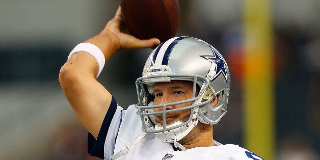 ARLINGTON, TX - AUGUST 28: Tony Romo #9 of the Dallas Cowboys warms up before the start of the game against the Denver Broncos at AT&T Stadium on August 28, 2014 in Arlington, Texas. (Photo by Tom Pennington/Getty Images)