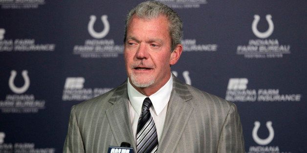 Indianapolis Colts owner Jim Irsay announces that head coach Chuck Pagano has been diagnosed with acute promyelocytic leukemia, during an NFL football news conference at the team's headquarters in Indianapolis, Monday, Oct. 1, 2012. (AP Photo/Michael Conroy)