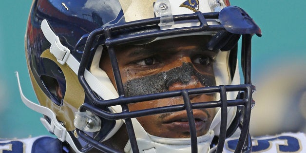 MIAMI GARDENS, FL - AUGUST 28: Michael Sam #96 of the St. Louis Rams looks on prior to the preseason game against the Miami Dolphins on August 28, 2014 at Sun Life Stadium in Miami Gardens, Florida. The Dolphins defeated the Rams 14-13. (Photo by Joel Auerbach/Getty Images)
