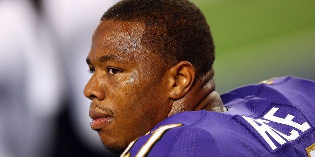 ARLINGTON, TX - AUGUST 16: Ray Rice #27 of the Baltimore Ravens sits on the bench against the Dallas Cowboys in the first half of their preseason game at AT&T Stadium on August 16, 2014 in Arlington, Texas. (Photo by Ronald Martinez/Getty Images)