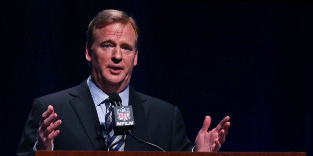 NEW YORK, NY - JANUARY 31: NFL Commissioner Roger Goodell speaks during a Super Bowl XLVIII news conference at the Rose Thea