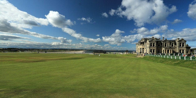 ST ANDREWS, UNITED KINGDOM - JULY 29: A view of the clubhouse of the Royal and Ancient Golf Club of St Andrews, with the 18th green and the first tee on the Old Course at St Andrews venue for The Open Championship in 2015, on July 29, 2014 in St Andrews, Scotland. (Photo by David Cannon/Getty Images)