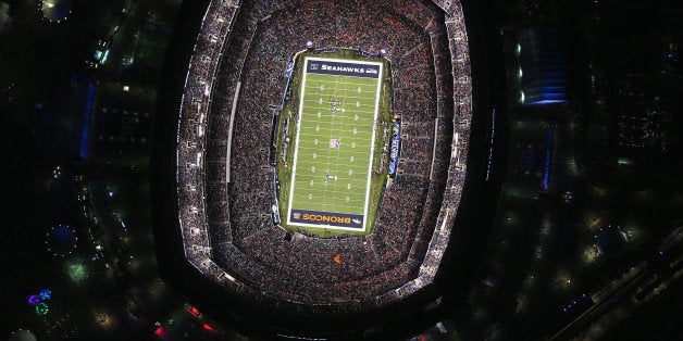 EAST RUTHERFORD, NJ - FEBRUARY 02: The Seattle Seahawks and the Denver Broncos play in Super Bowl XLVIII on February 2, 2014 in East Rutherford, New Jersey. The Seahawks won 43-8. The view is seen from a Customs and Border Protection helicopter operated by the U.S. Office of Air and Marine, which provided air support for law enforcement on the ground around the stadium. (Photo by John Moore/Getty Images)