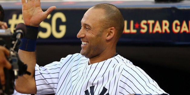 MINNEAPOLIS, MN - JULY 15: American League All-Star Derek Jeter #2 of the New York Yankees reacts after a home run by Miguel Cabrera in the first inning during the 85th MLB All-Star Game at Target Field on July 15, 2014 in Minneapolis, Minnesota. (Photo by Elsa/Getty Images)